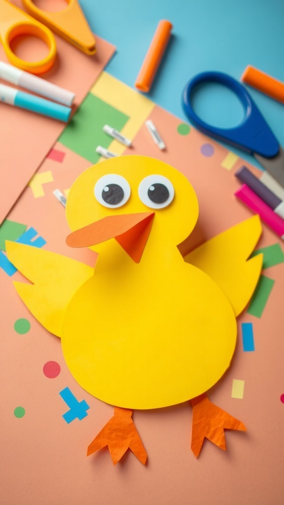 A bright yellow paper duck craft with an orange beak and googly eyes on a colorful crafting table.